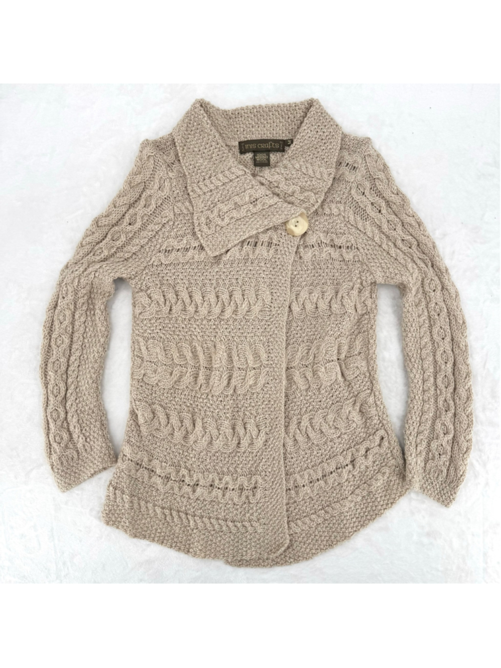 Inis Crafts Beige Cable Knit Cardigan Sweater 100% Merino Wool Fisherman Ireland